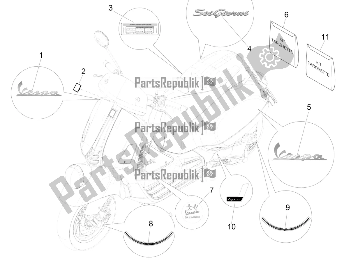 All parts for the Plates - Emblems of the Vespa GTV 300 HPE SEI Giorni IE ABS Apac 2022