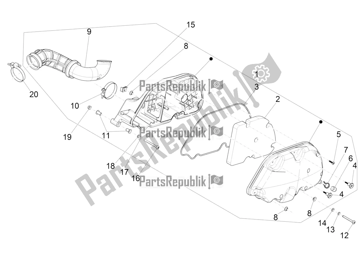 All parts for the Air Filter of the Vespa GTV 300 HPE SEI Giorni IE ABS E4 2019