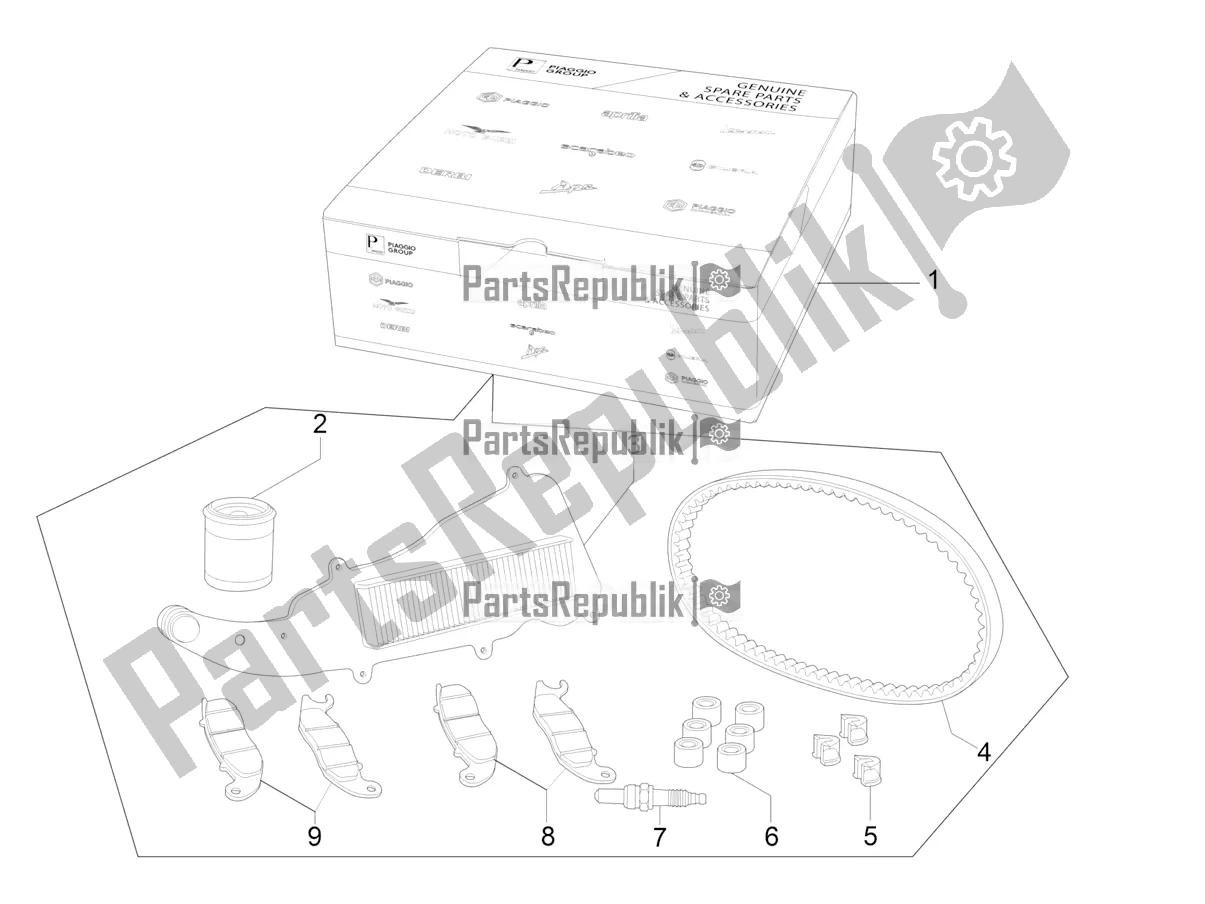 Alle onderdelen voor de Complete Wear And Maintenance Kit van de Vespa GTV 300 HPE SEI Giorni IE ABS E4 2019