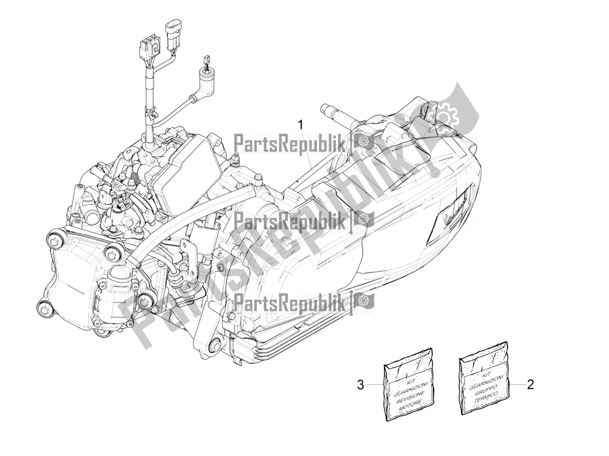 All parts for the Engine, Assembly of the Vespa GTV 300 HPE SEI Giorni IE ABS E4 2019