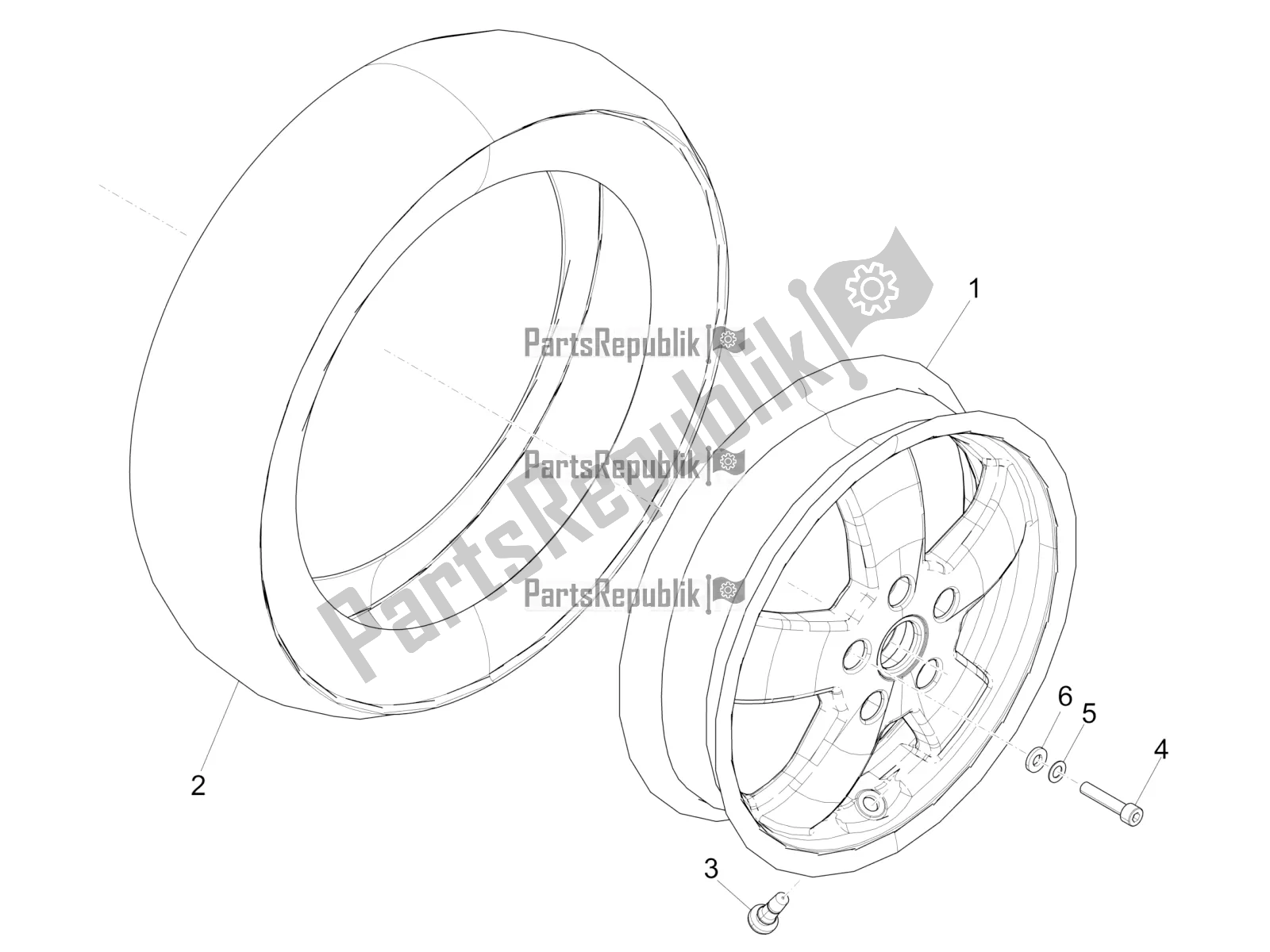 All parts for the Front Wheel of the Vespa GTV 300 HPE SEI Giorni IE ABS E4 2019