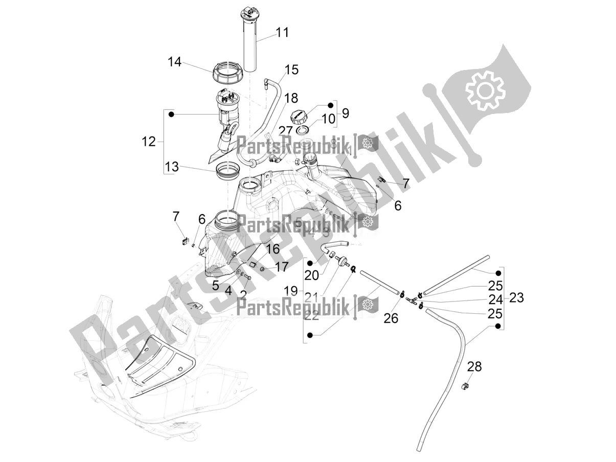 All parts for the Fuel Tank of the Vespa GTV 300 HPE SEI Giorni IE ABS E4 2019