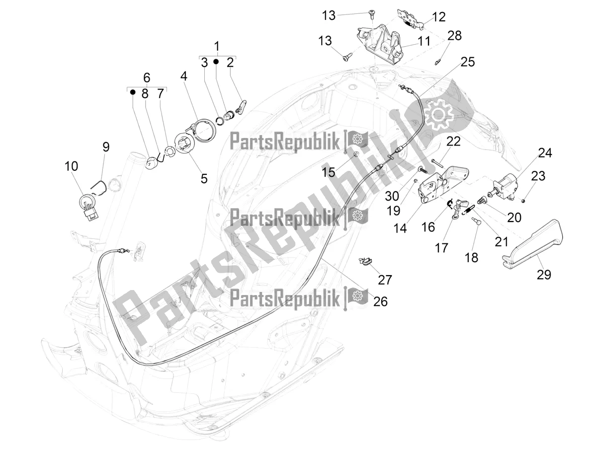 Todas as partes de Fechaduras do Vespa GTV 300 HPE SEI Giorni IE ABS E4 2019