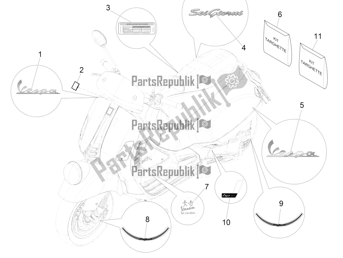 All parts for the Plates - Emblems of the Vespa GTV 300 HPE SEI Giorni IE ABS E4 2019