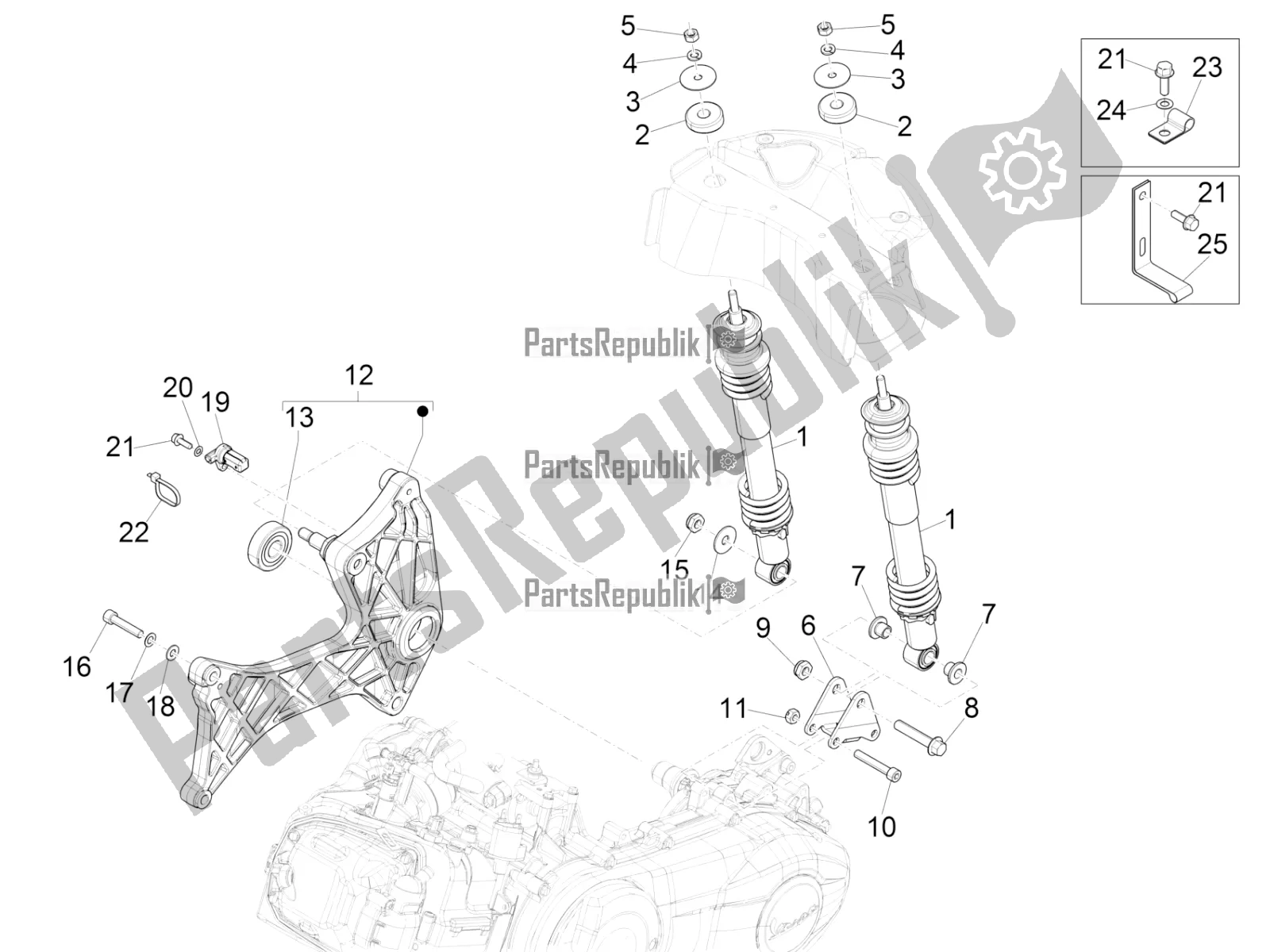 All parts for the Rear Suspension - Shock Absorber/s of the Vespa GTV 300 HPE SEI Giorni IE ABS E4 2019