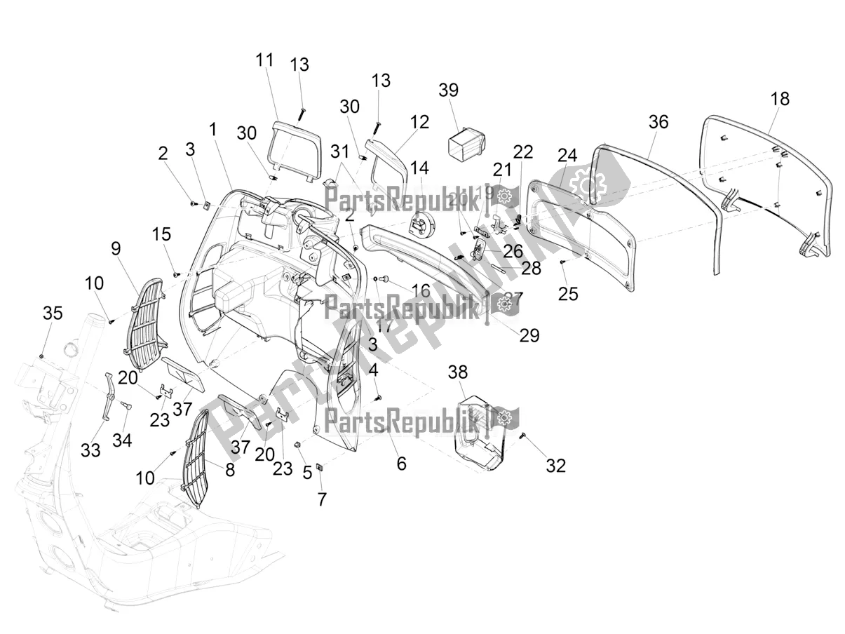 All parts for the Front Glove-box - Knee-guard Panel of the Vespa GTV 300 HPE SEI Giorni IE ABS E4 2020