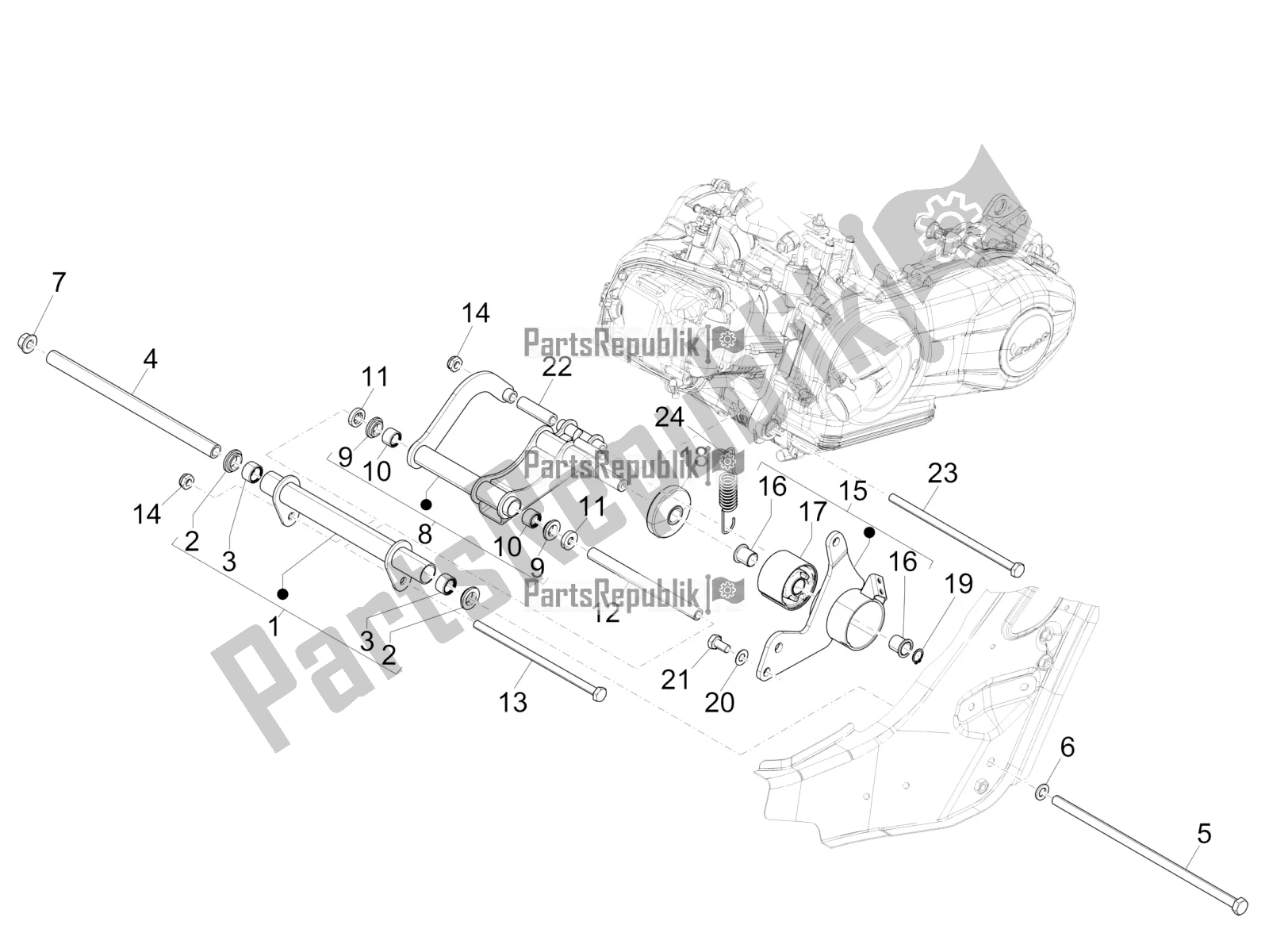All parts for the Swinging Arm of the Vespa GTV 300 HPE SEI Giorni IE ABS E4 2020
