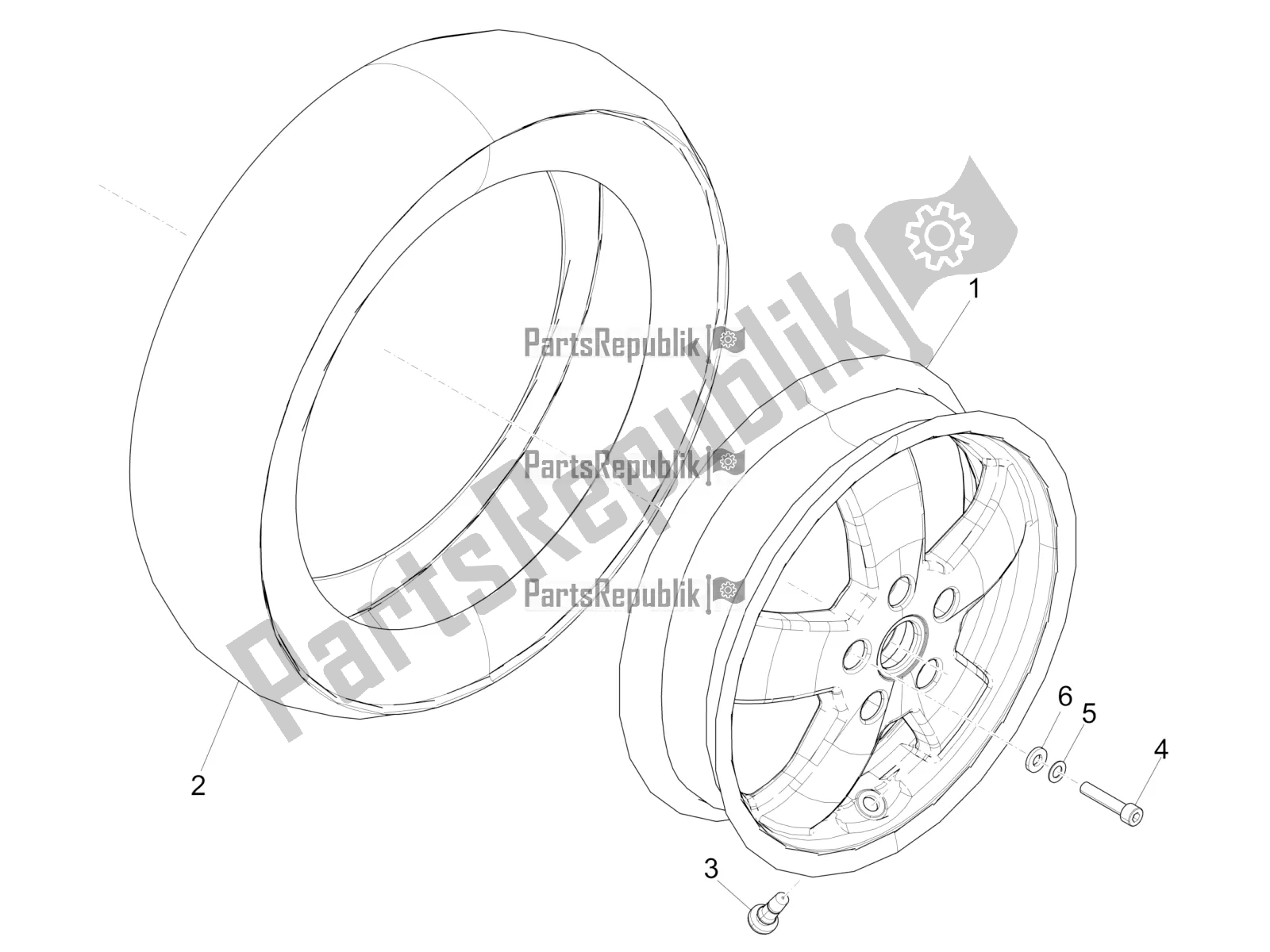 All parts for the Front Wheel of the Vespa GTV 300 HPE SEI Giorni IE ABS E5 2021