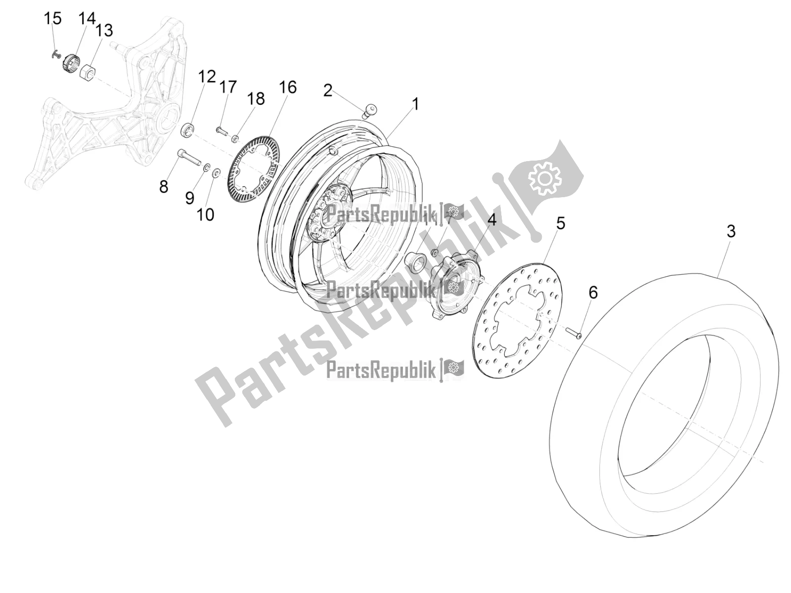 All parts for the Rear Wheel of the Vespa GTV 300 HPE SEI Giorni IE ABS E5 2021