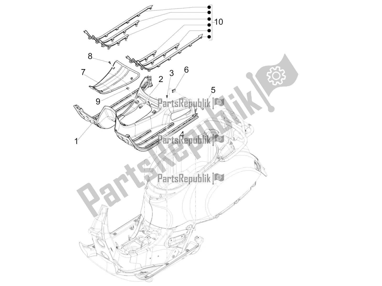 Toutes les pièces pour le Housse Centrale - Repose-pieds du Vespa GTV 300 HPE SEI Giorni IE ABS E5 2022