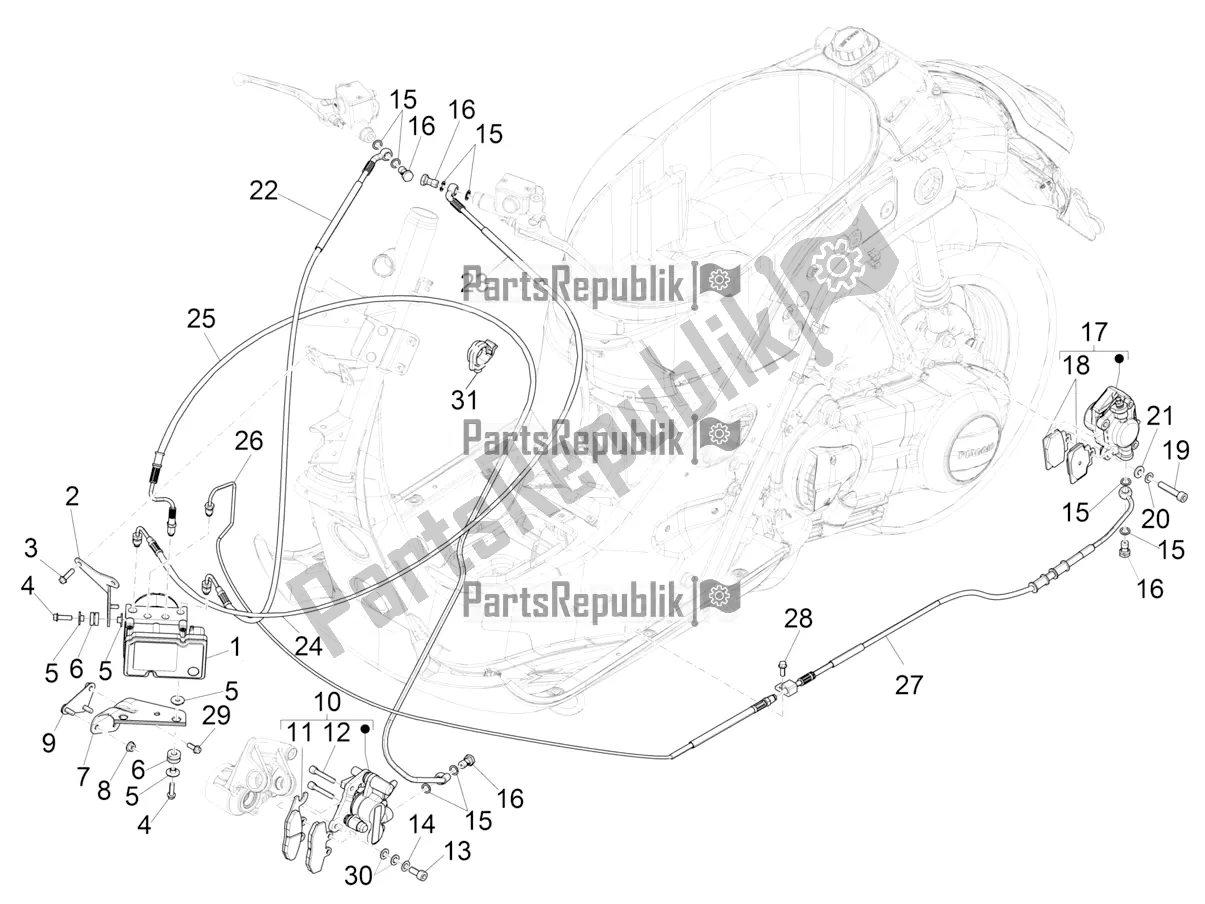 All parts for the Abs Brake System of the Vespa GTV 300 HPE SEI Giorni IE ABS USA 2019