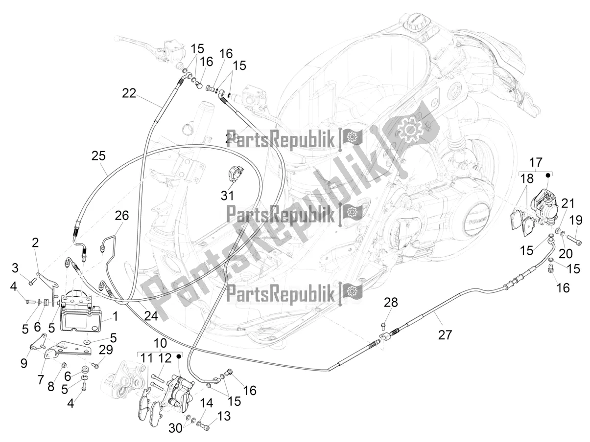 Todas as partes de Sistema De Freio Abs do Vespa GTV 300 HPE SEI Giorni IE ABS USA 2019
