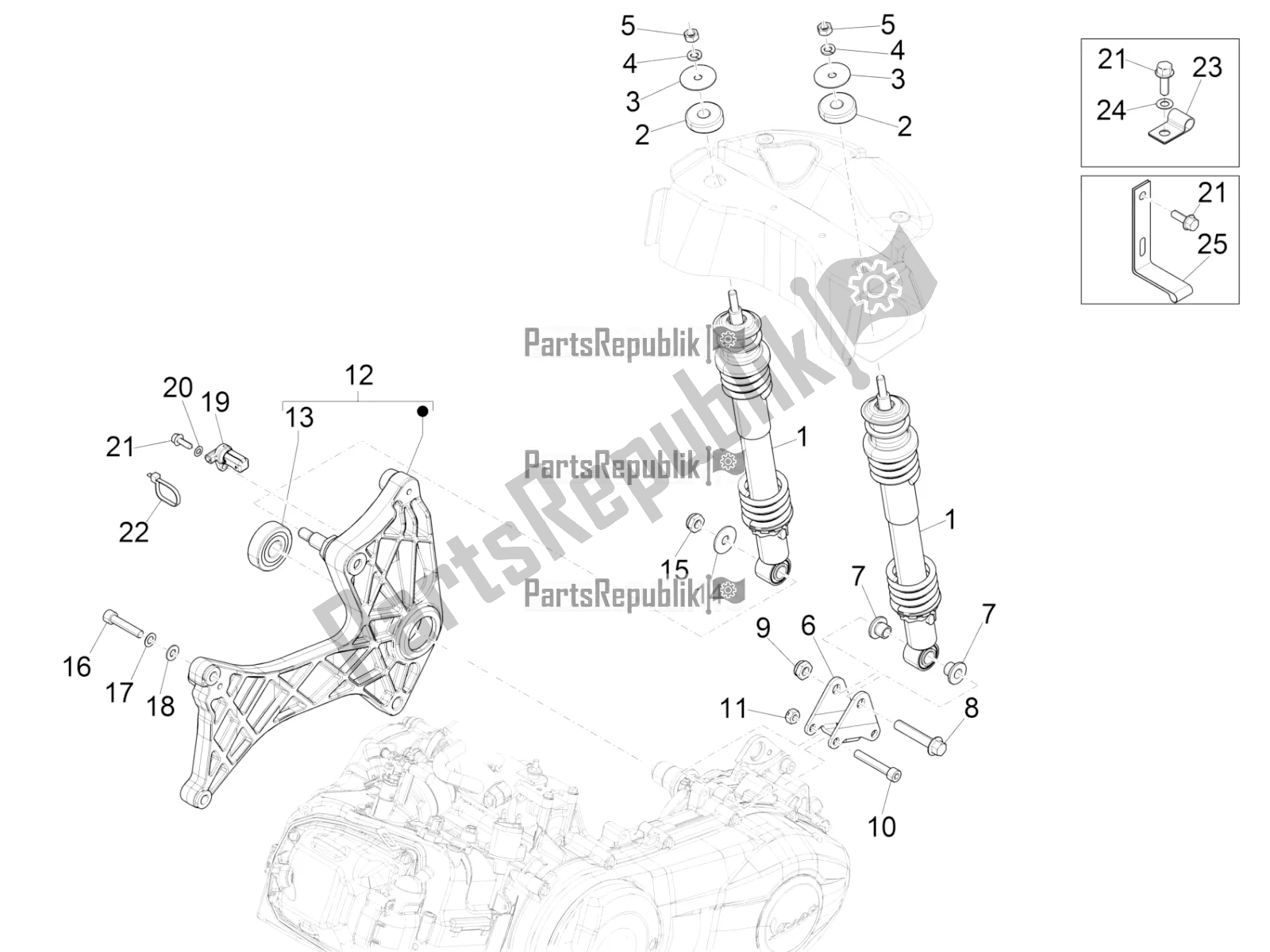 Tutte le parti per il Sospensione Posteriore - Ammortizzatore / I del Vespa GTV 300 HPE SEI Giorni IE ABS USA 2019