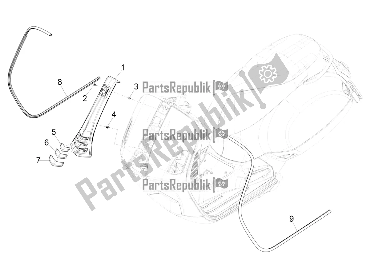 All parts for the Front Shield of the Vespa GTV 300 HPE SEI Giorni IE ABS USA 2020