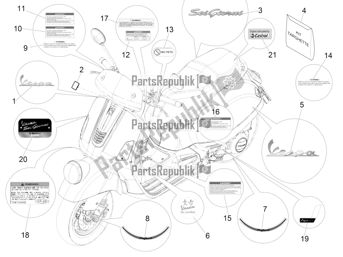 Todas as partes de Placas - Emblemas do Vespa GTV 300 HPE SEI Giorni IE ABS USA 2020