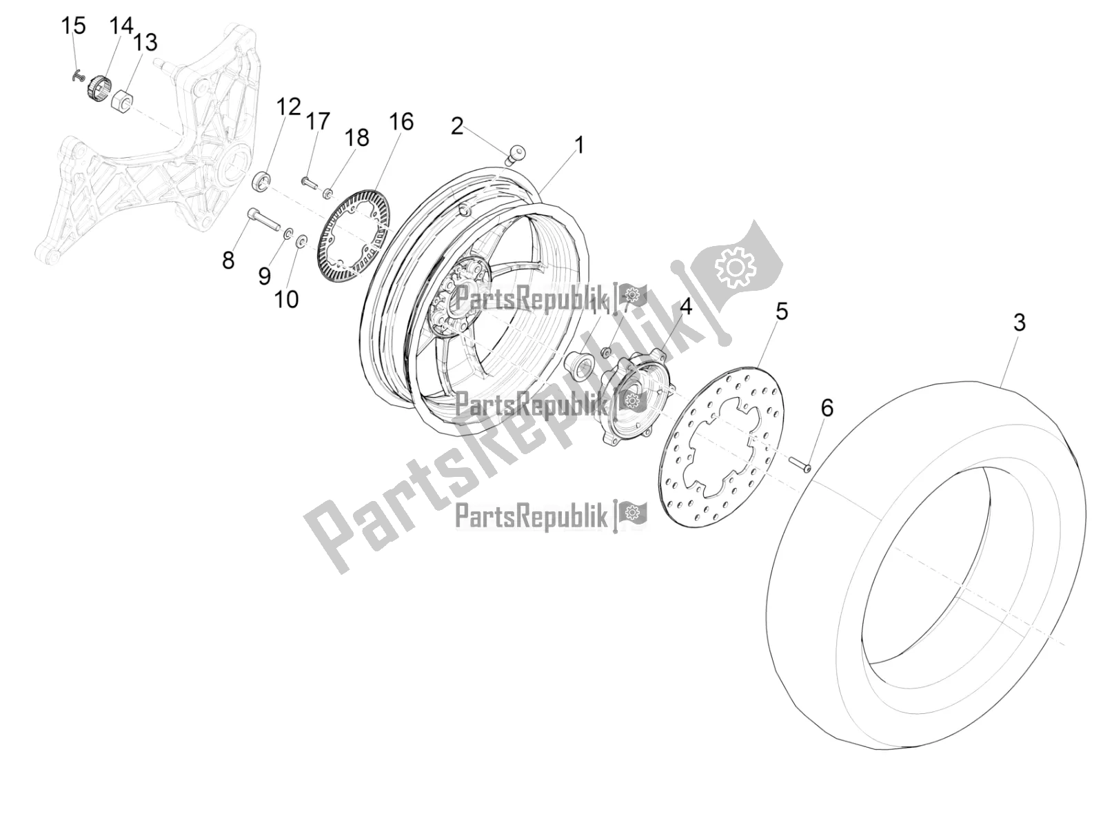 Tutte le parti per il Ruota Posteriore del Vespa GTV 300 HPE SEI Giorni IE ABS USA 2020