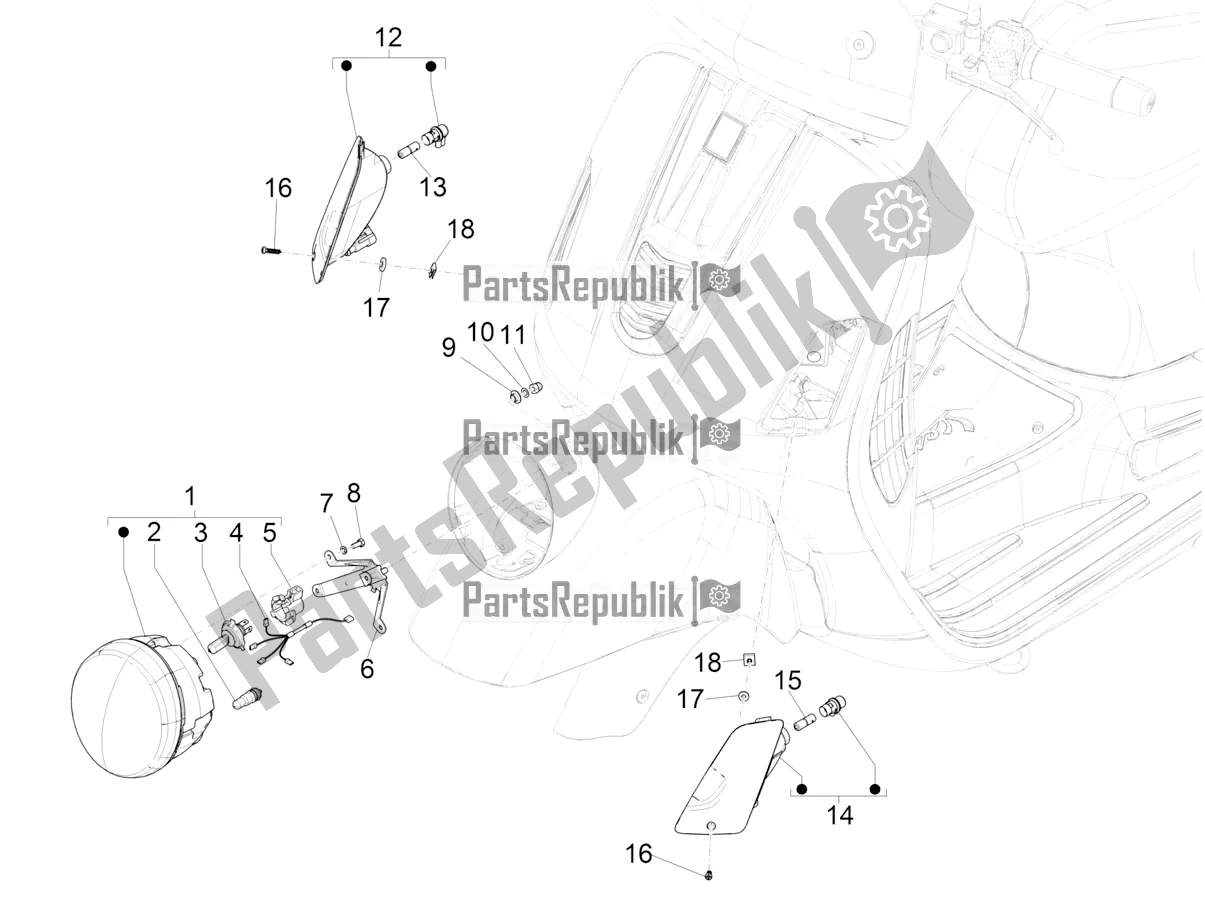 Wszystkie części do Reflektory Przednie - Kierunkowskazy Vespa GTV 300 HPE SEI Giorni IE ABS USA 2021