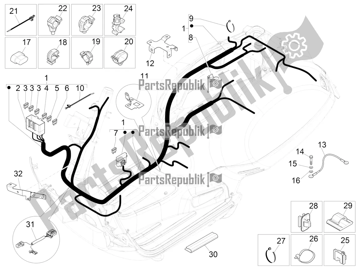 All parts for the Main Cable Harness of the Vespa GTV 300 HPE SEI Giorni IE ABS USA 2021