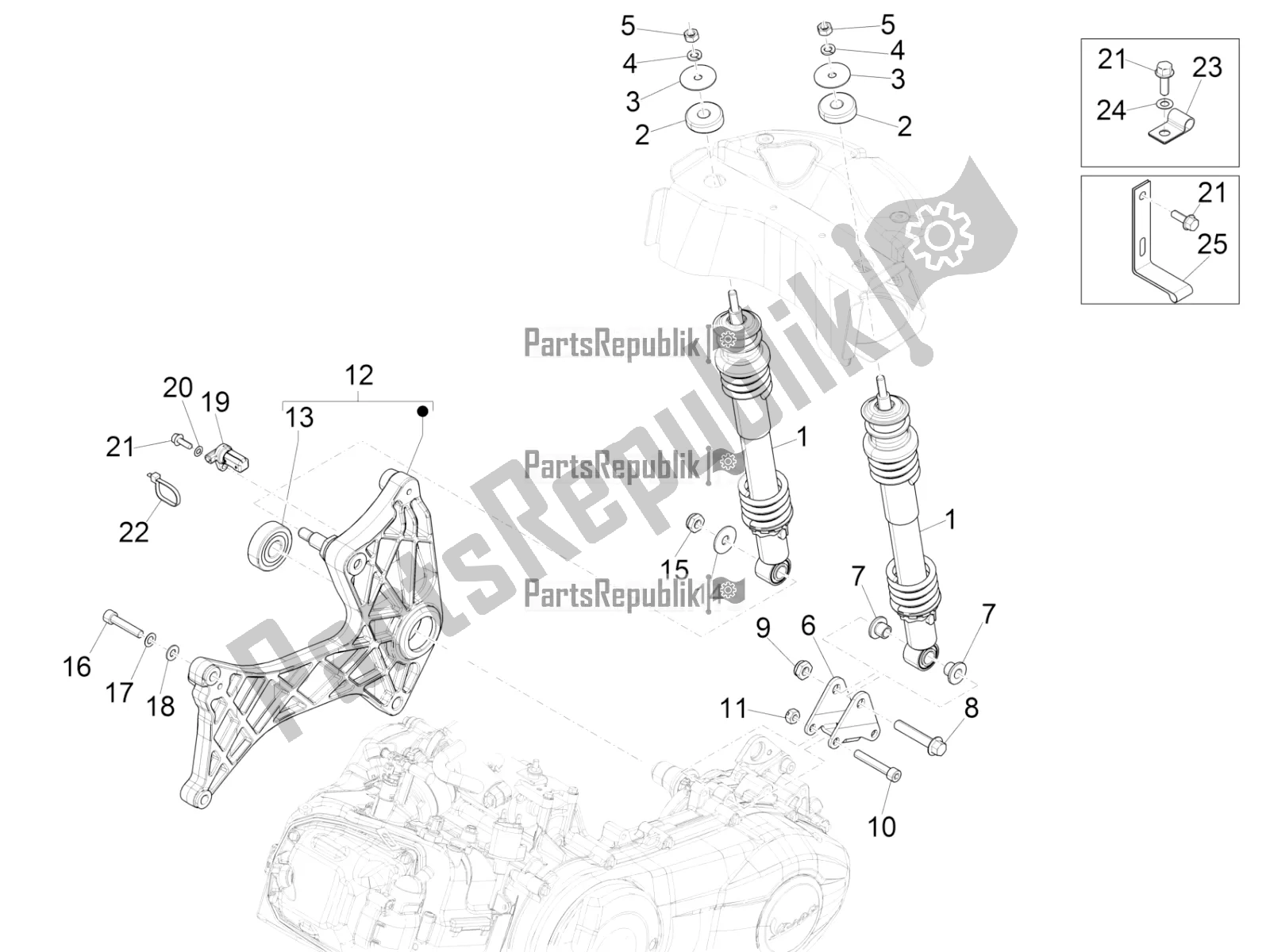 All parts for the Rear Suspension - Shock Absorber/s of the Vespa GTV 300 HPE SEI Giorni IE ABS USA 2021