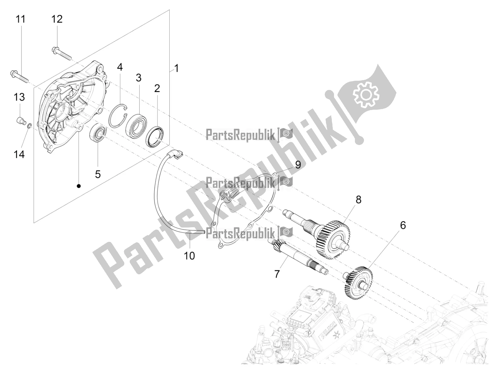 All parts for the Reduction Unit of the Vespa GTV 300 HPE SEI Giorni IE ABS USA 2021