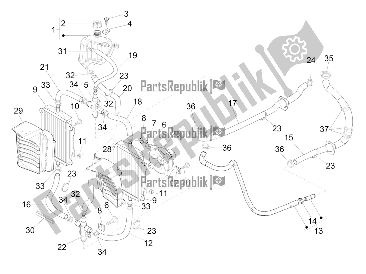 All parts for the Cooling System of the Vespa GTV 300 HPE SEI Giorni IE ABS USA 2022