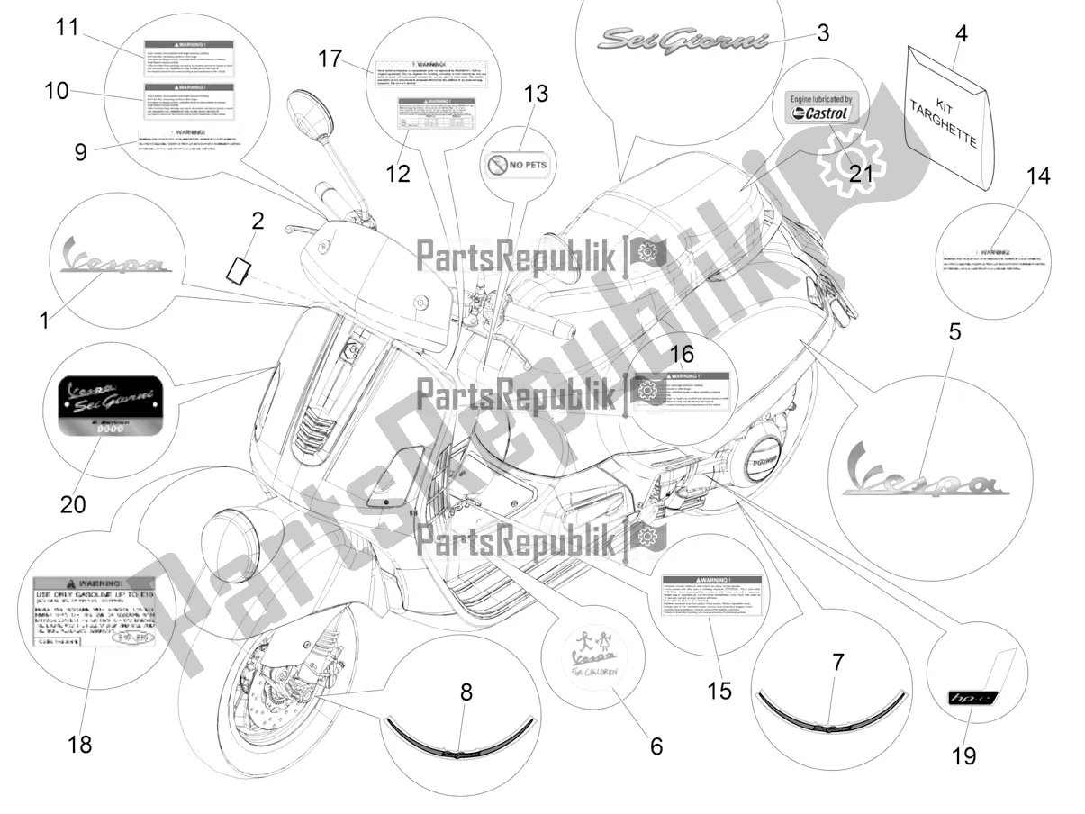 All parts for the Plates - Emblems of the Vespa GTV 300 HPE SEI Giorni IE ABS USA 2022