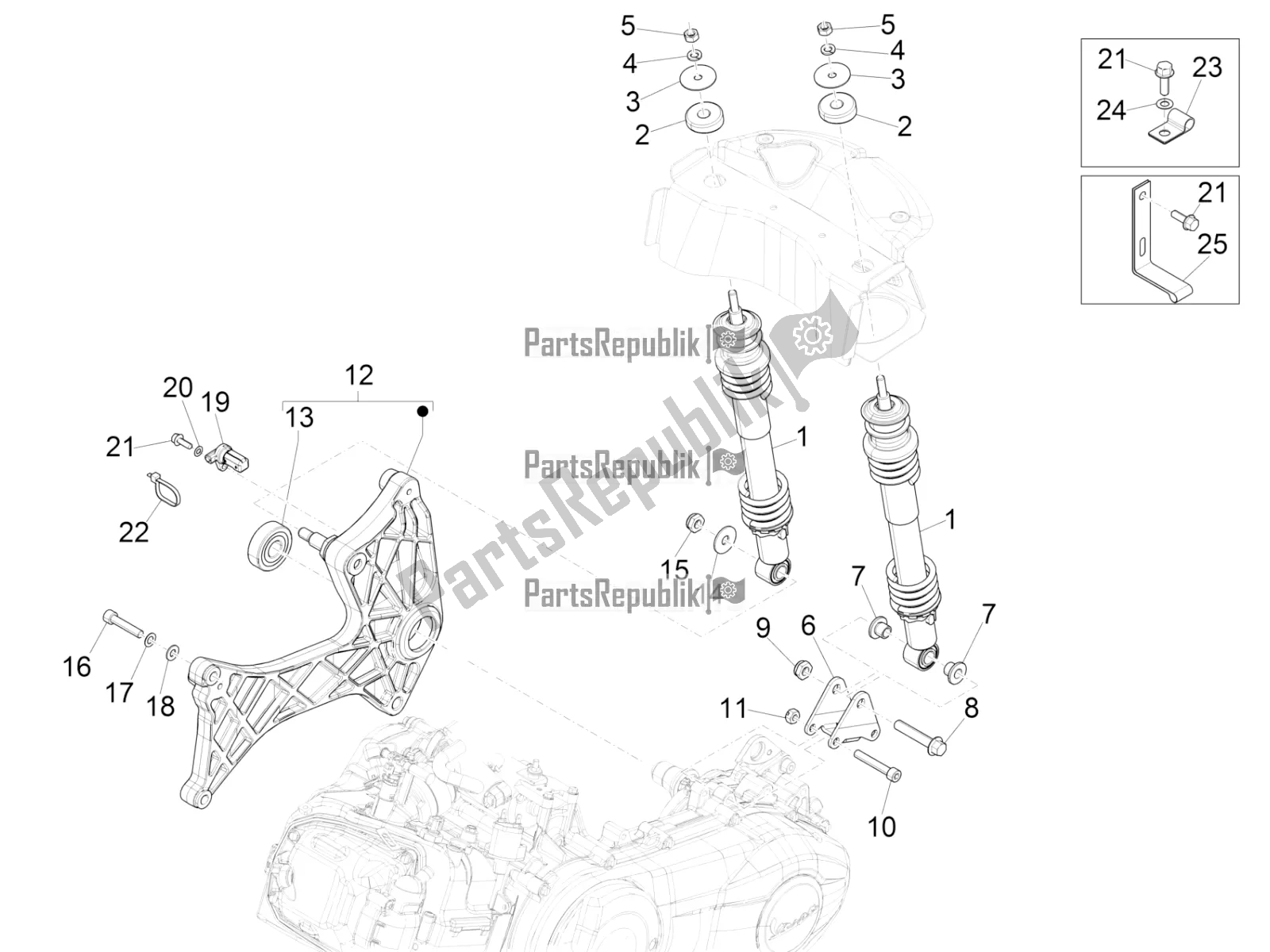 Wszystkie części do Tylne Zawieszenie - Amortyzator / I Vespa GTV 300 HPE SEI Giorni IE ABS USA 2022