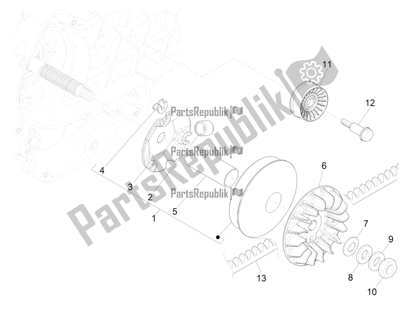 All parts for the Driving Pulley of the Vespa GTV 300 SEI Giorni IE ABS USA 2017