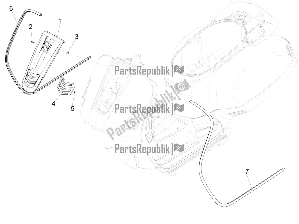 All parts for the Front Shield of the Vespa GTV 300 SEI Giorni IE ABS USA 2017