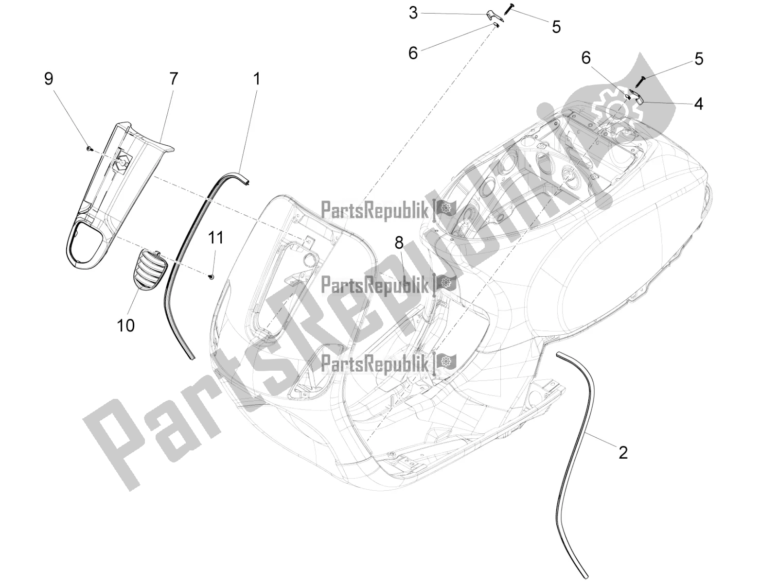 All parts for the Front Shield of the Vespa LX 125 4T 3V IE 2016
