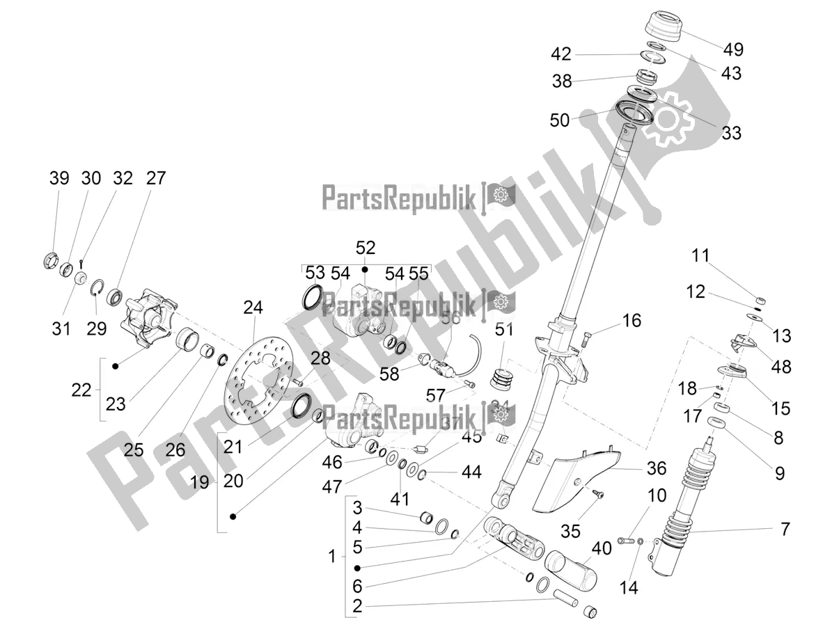 All parts for the Fork/steering Tube - Steering Bearing Unit of the Vespa LX 125 Iget 2021