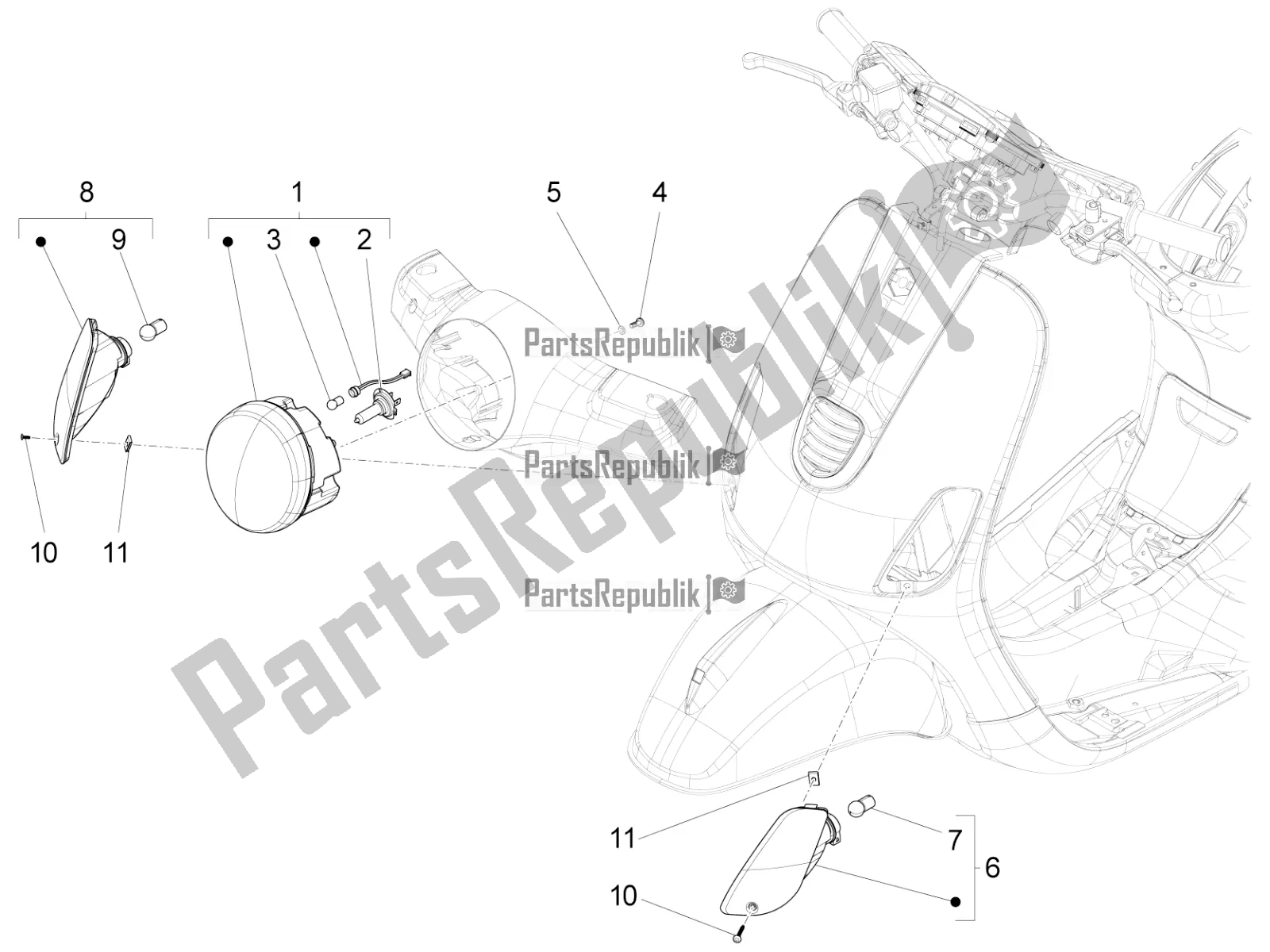 Alle onderdelen voor de Koplampen - Richtingaanwijzers van de Vespa LX 125 Iget 2021