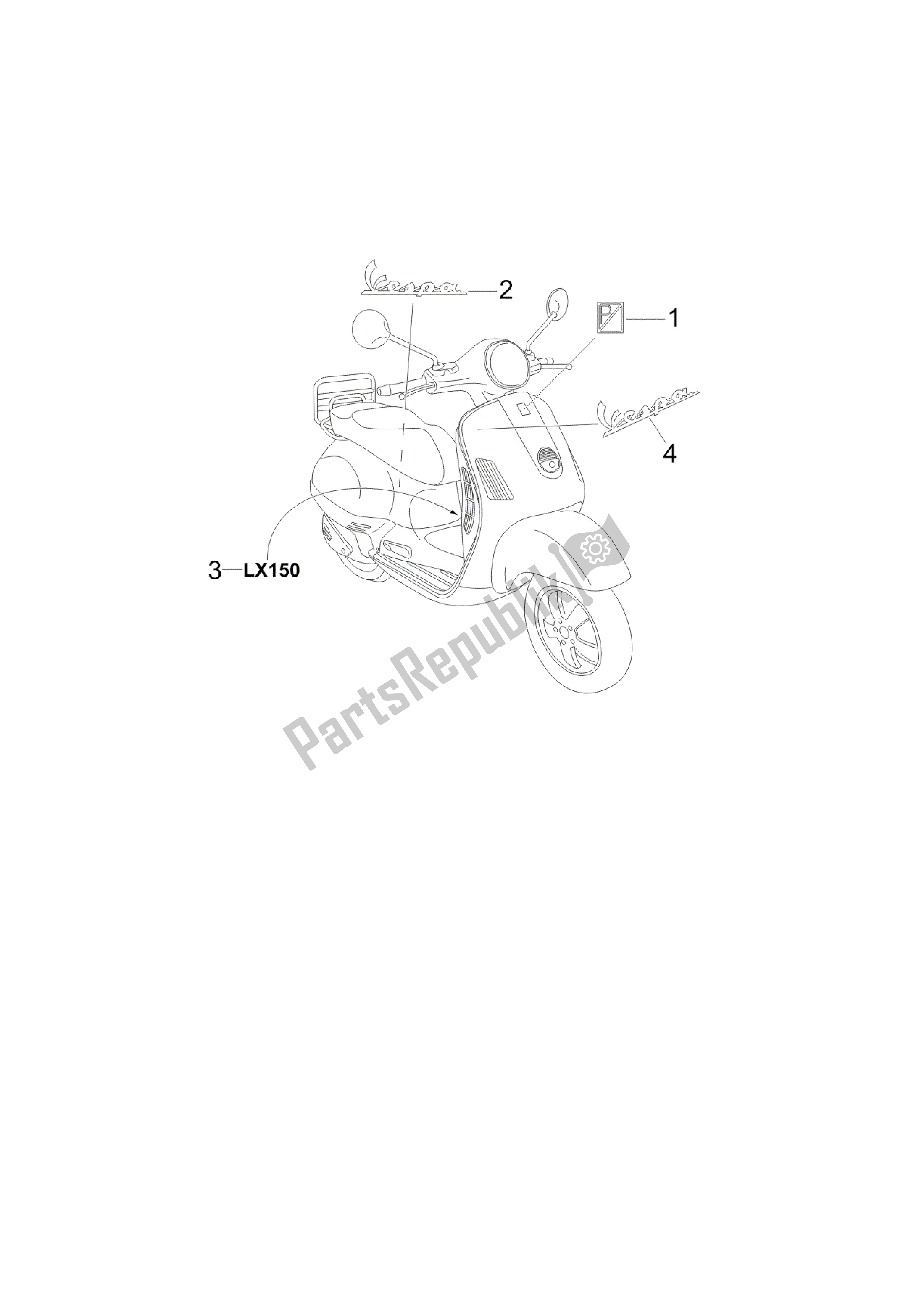 Alle onderdelen voor de Letreros - Escudo's van de Vespa LX 150 2005 - 2006