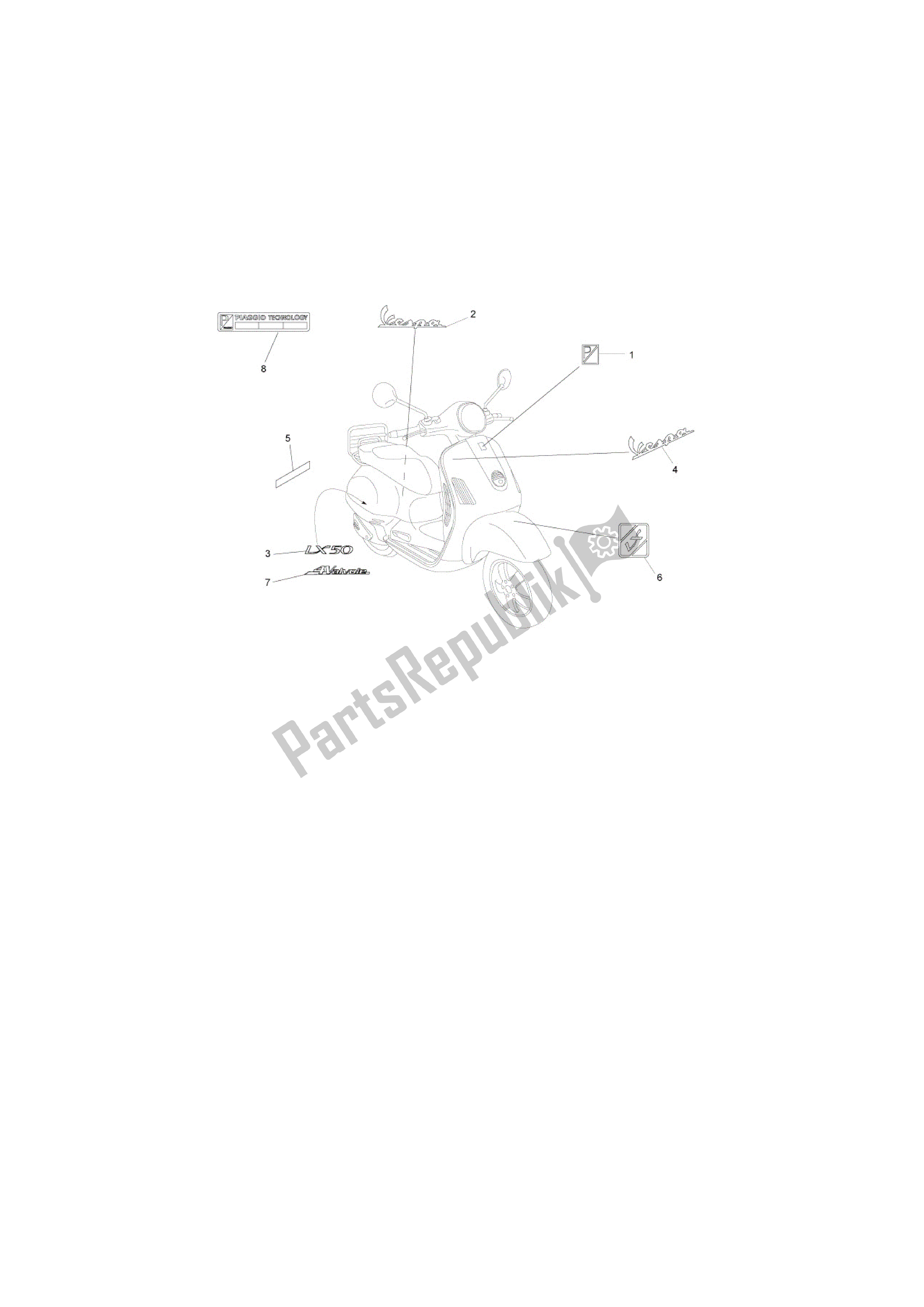 Toutes les pièces pour le Letreros - Escudos du Vespa LX 50 2009 - 2013