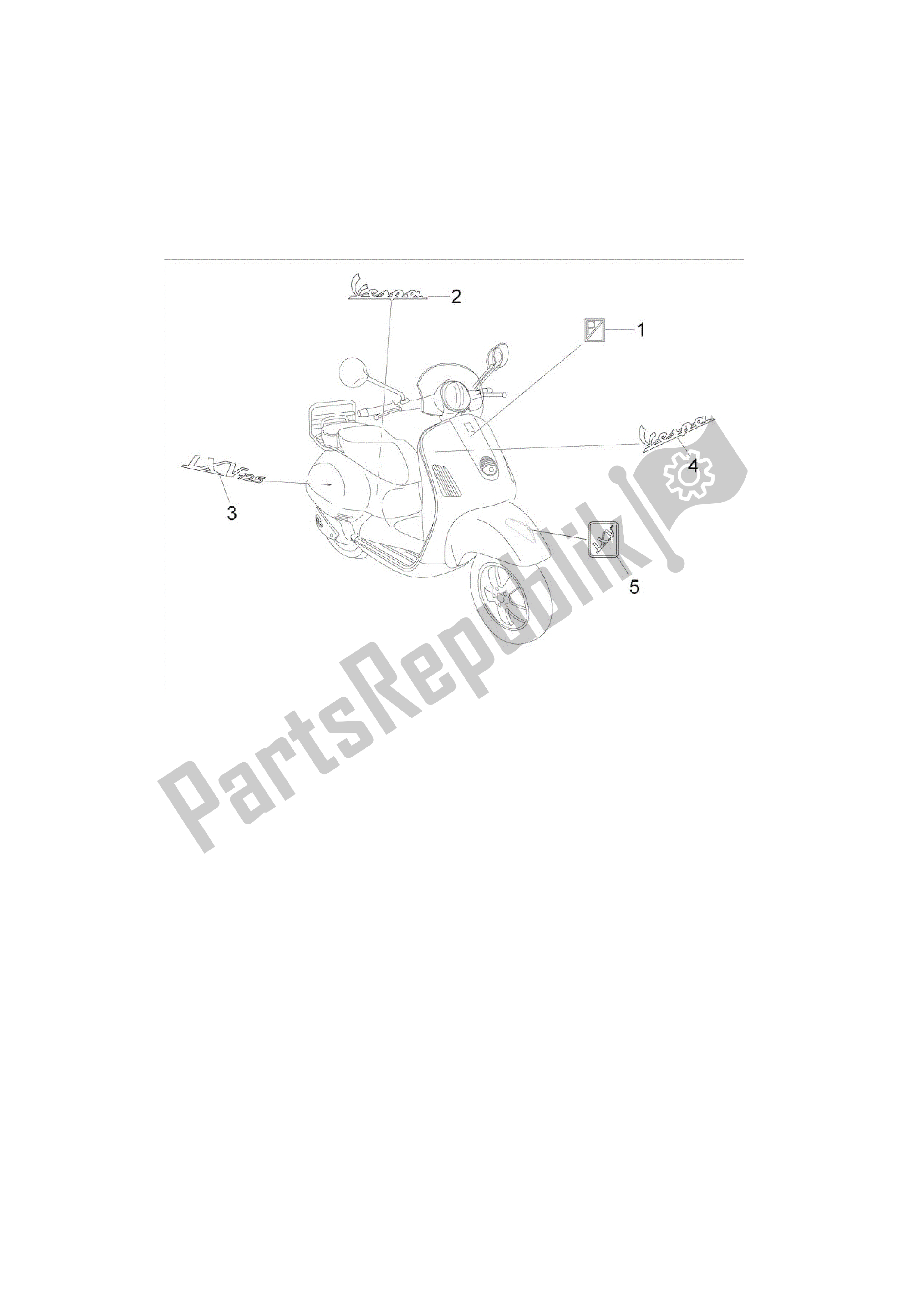 Todas las partes para Letreros - Escudos de Vespa LXV 125 2006 - 2009