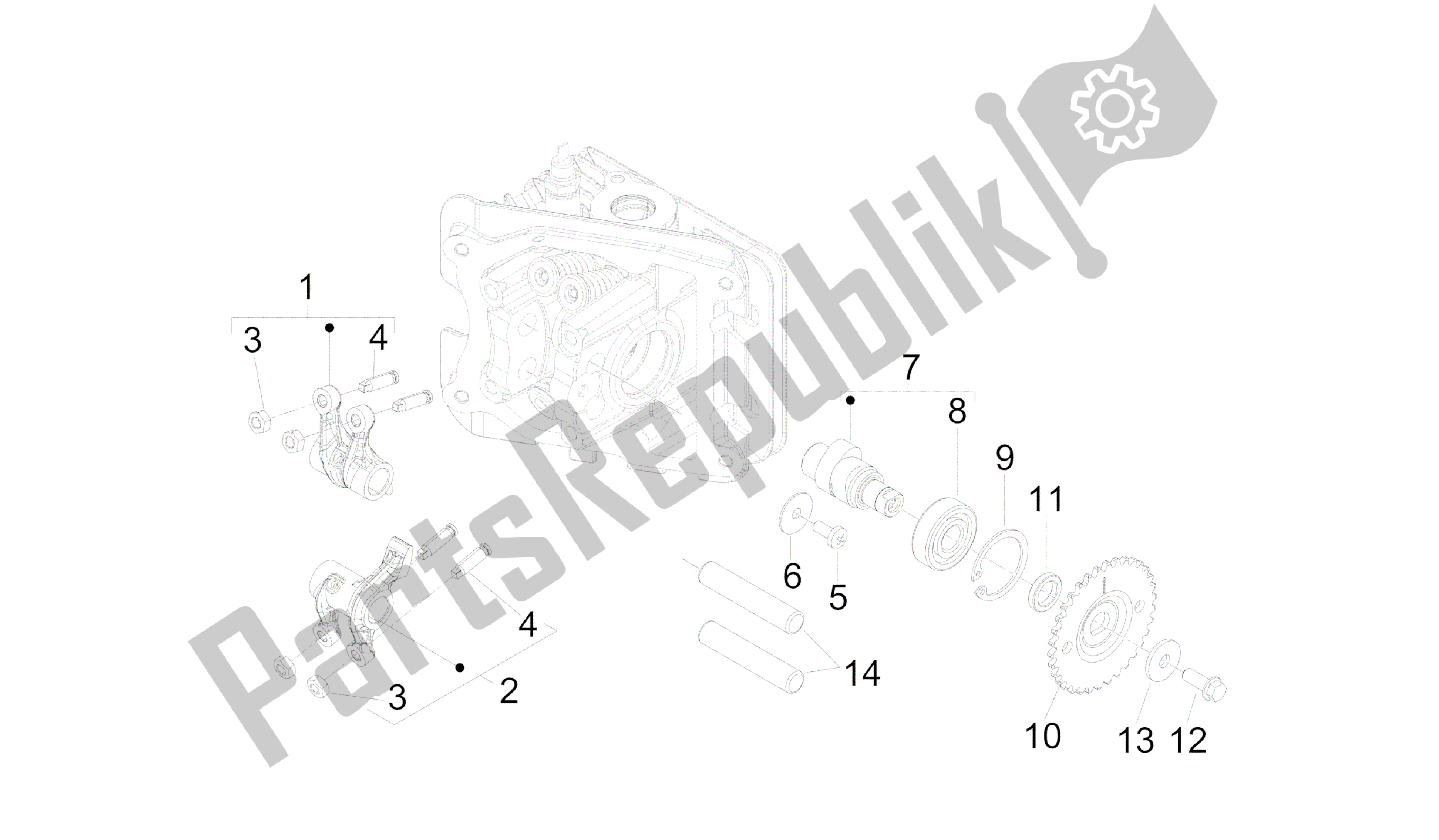 All parts for the Rocking Levers Support Unit of the Vespa Primavera 50 2014