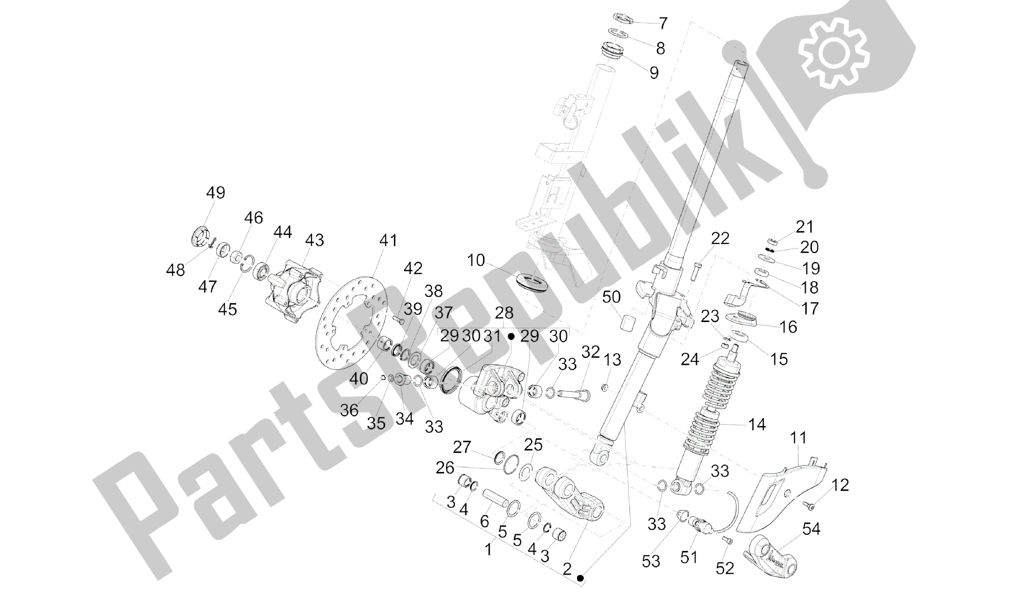 Alle onderdelen voor de Vork / Stuurbuis - Stuurlagereenheid van de Vespa Primavera 50 2014