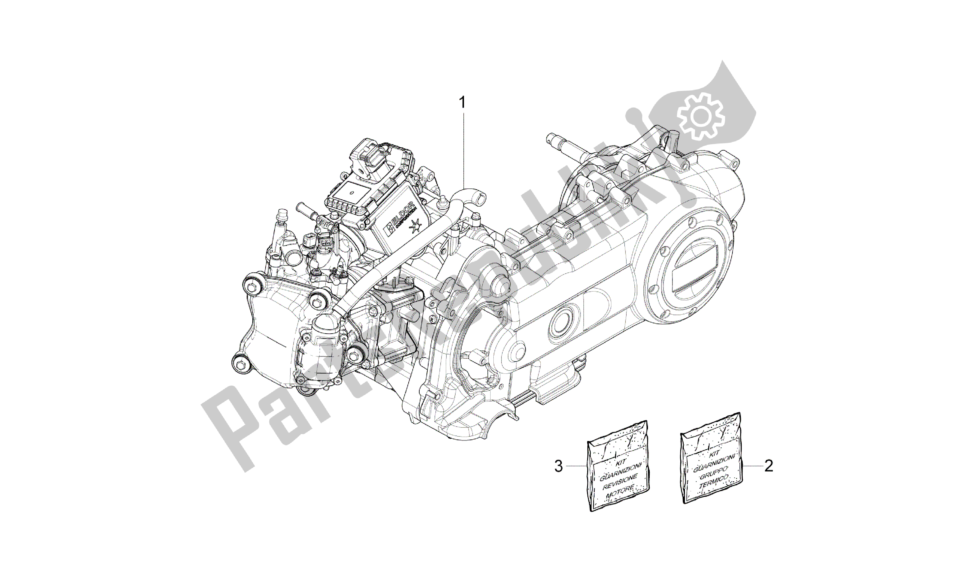 All parts for the Engine, Assembly of the Vespa Primavera 50 2014