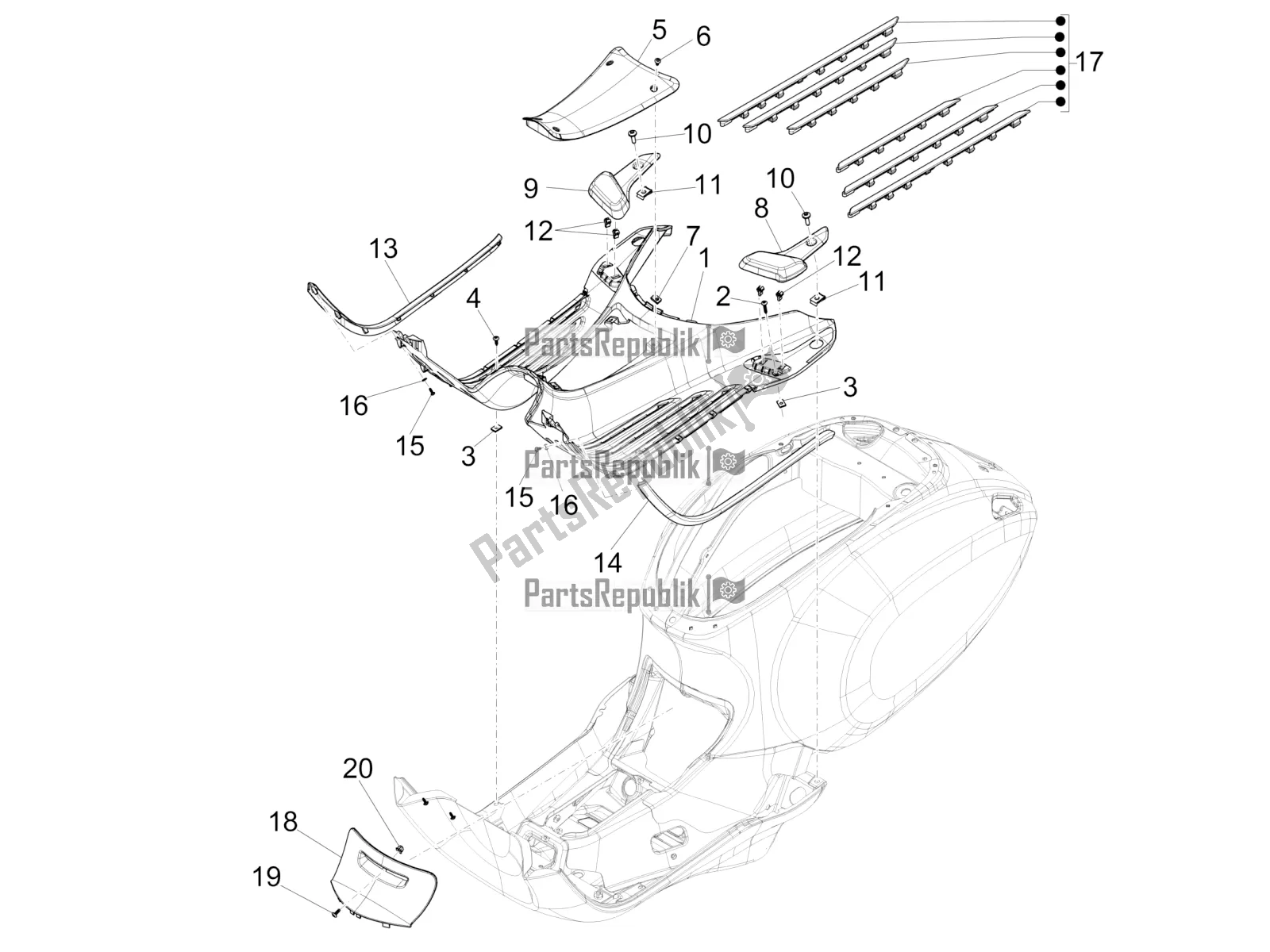 Toutes les pièces pour le Housse Centrale - Repose-pieds du Vespa Primavera 125 4T 3V IE ABS E4 2020