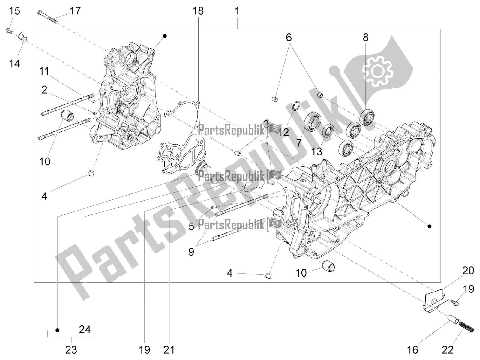 All parts for the Crankcase of the Vespa Primavera 125 4T 3V IE ABS E4 2020