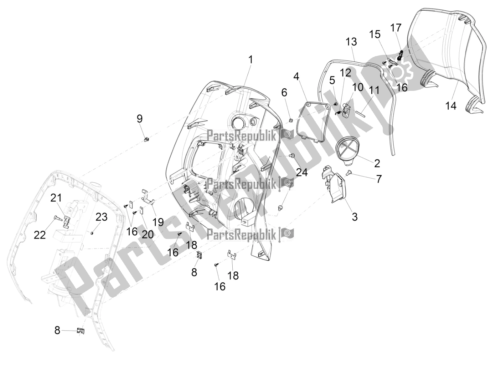 Tutte le parti per il Vano Portaoggetti Anteriore - Pannello Di Protezione Per Le Ginocchia del Vespa Primavera 125 4T 3V IE ABS E4 2020