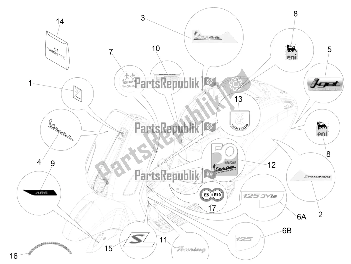 Tutte le parti per il Piatti - Emblemi del Vespa Primavera 125 4T 3V IE ABS E4 2020