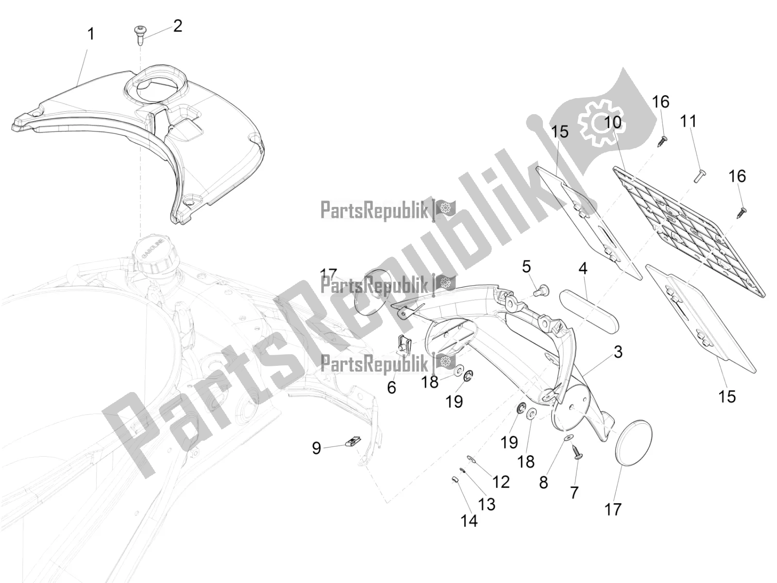 All parts for the Rear Cover - Splash Guard of the Vespa Primavera 125 4T 3V IE ABS E4 2020