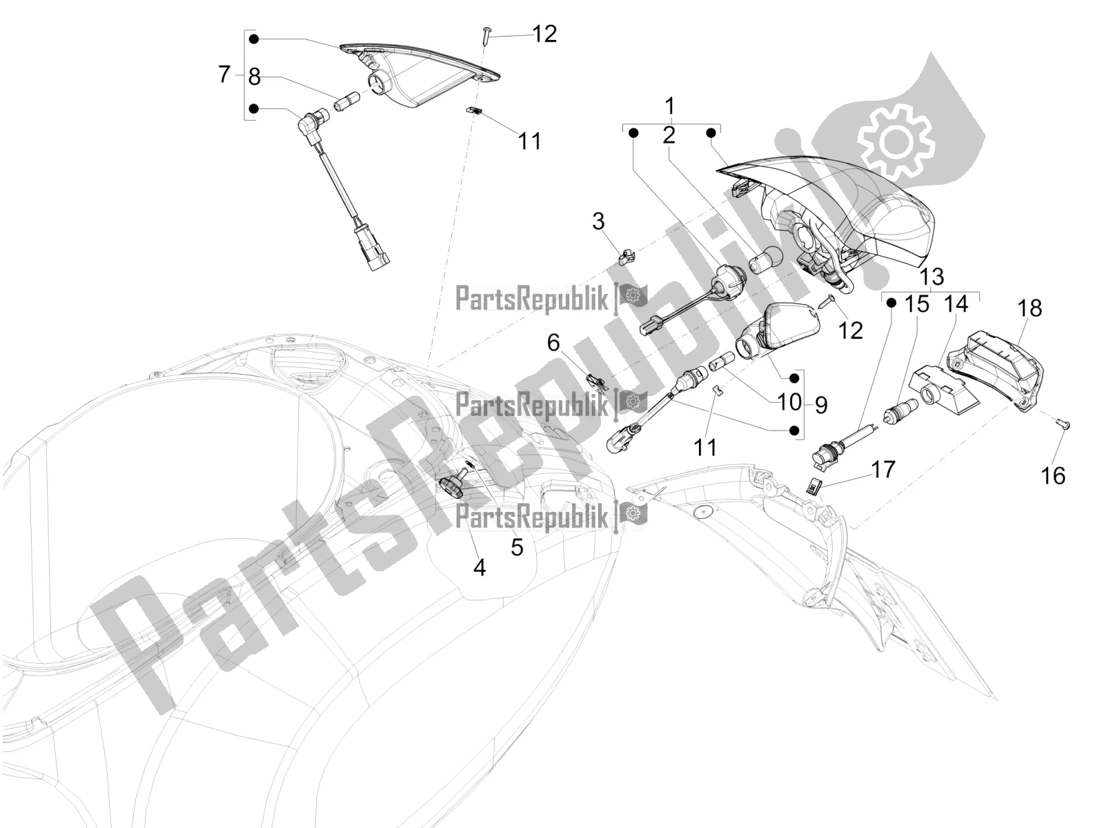 Todas as partes de Faróis Traseiros - Pisca-piscas do Vespa Primavera 125 4T 3V IE ABS E4 2020
