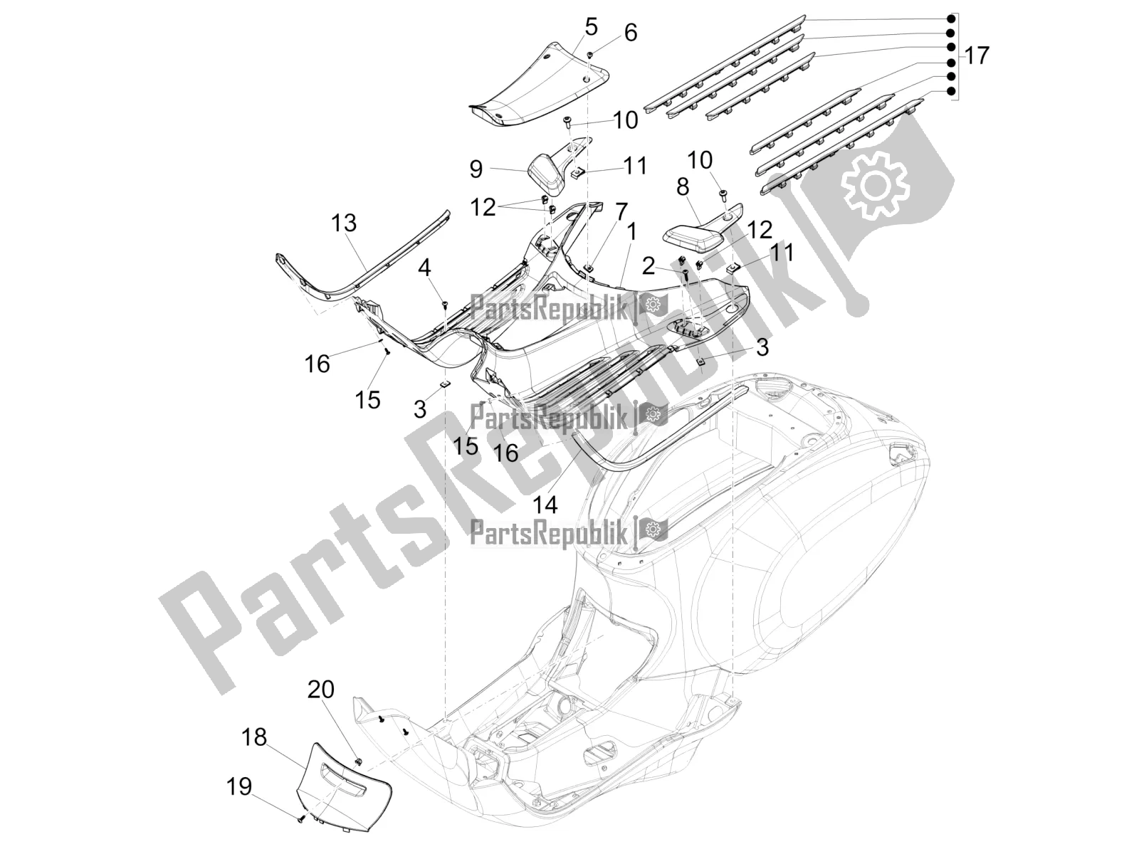 Alle onderdelen voor de Centrale Afdekking - Voetsteunen van de Vespa Primavera 125 4T 3V IE ABS E5 2020