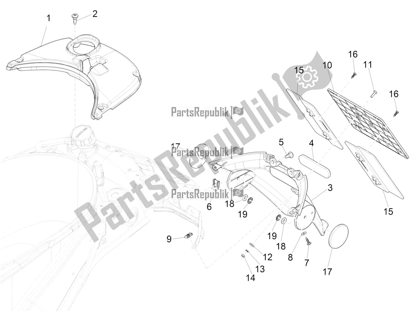 Alle onderdelen voor de Achterklep - Spatscherm van de Vespa Primavera 125 4T 3V IE ABS E5 2020