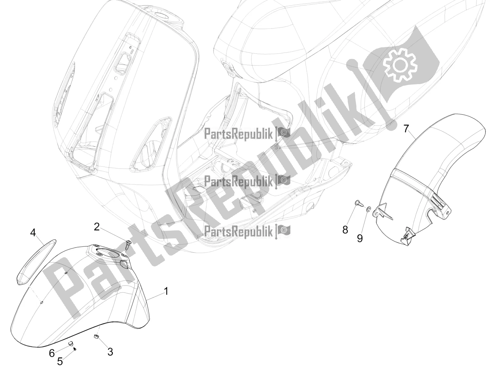 All parts for the Wheel Huosing - Mudguard of the Vespa Primavera 125 4T 3V IE ABS E5 2020