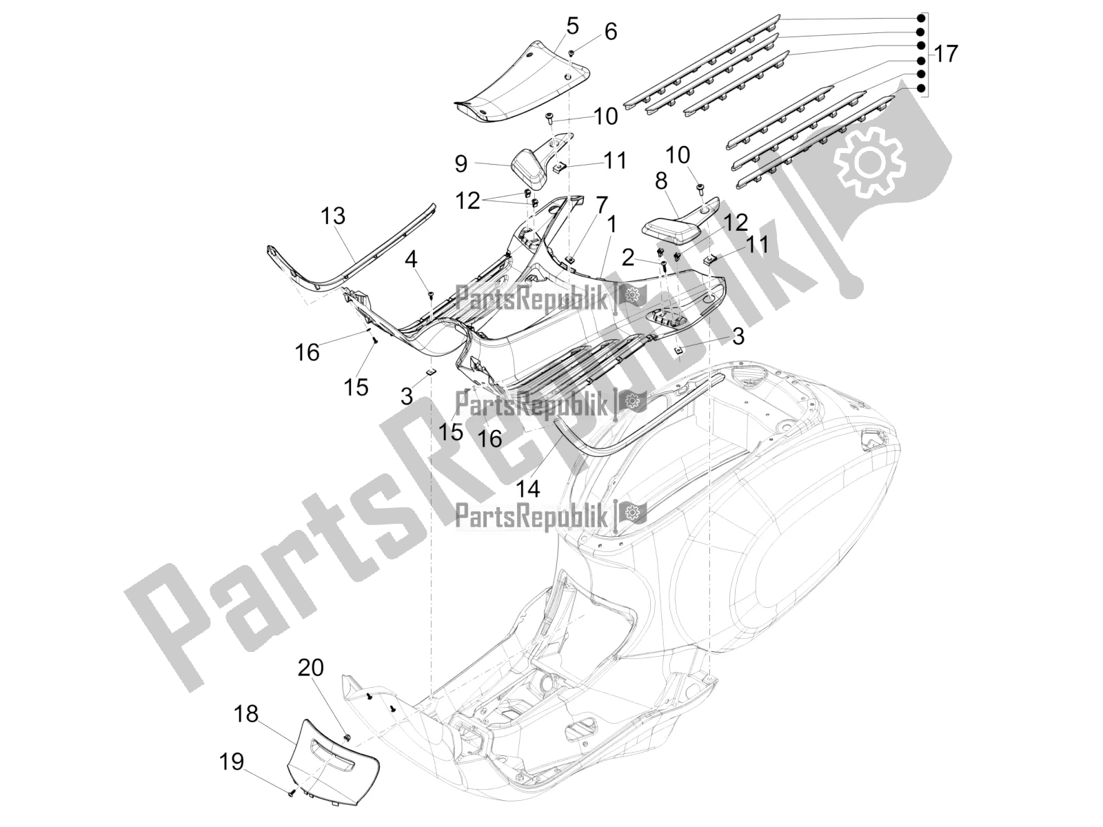 Todas las partes para Cubierta Central - Reposapiés de Vespa Primavera 125 4T 3V IE ABS E5 2021