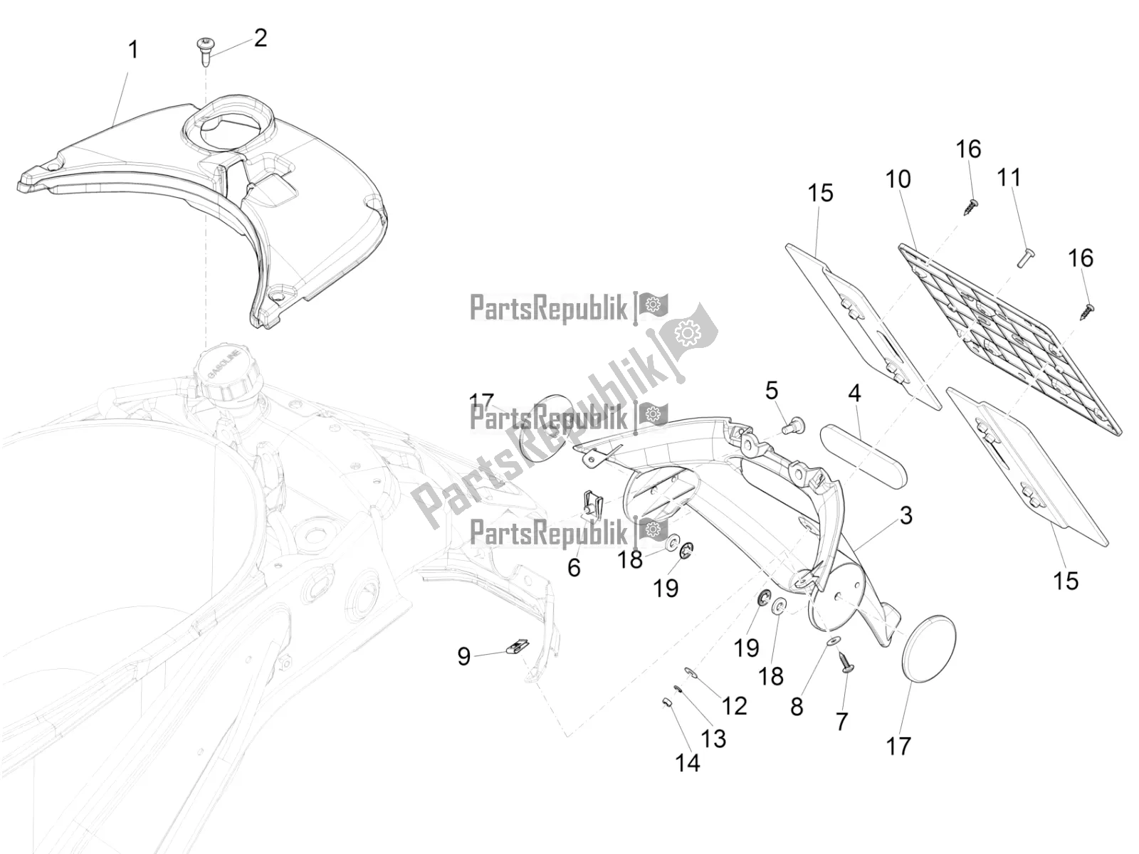 Toutes les pièces pour le Capot Arrière - Protection Contre Les éclaboussures du Vespa Primavera 125 4T 3V IE ABS E5 2021