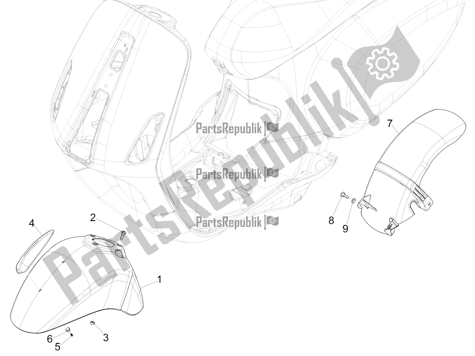 All parts for the Wheel Huosing - Mudguard of the Vespa Primavera 125 4T 3V IE ABS E5 2021